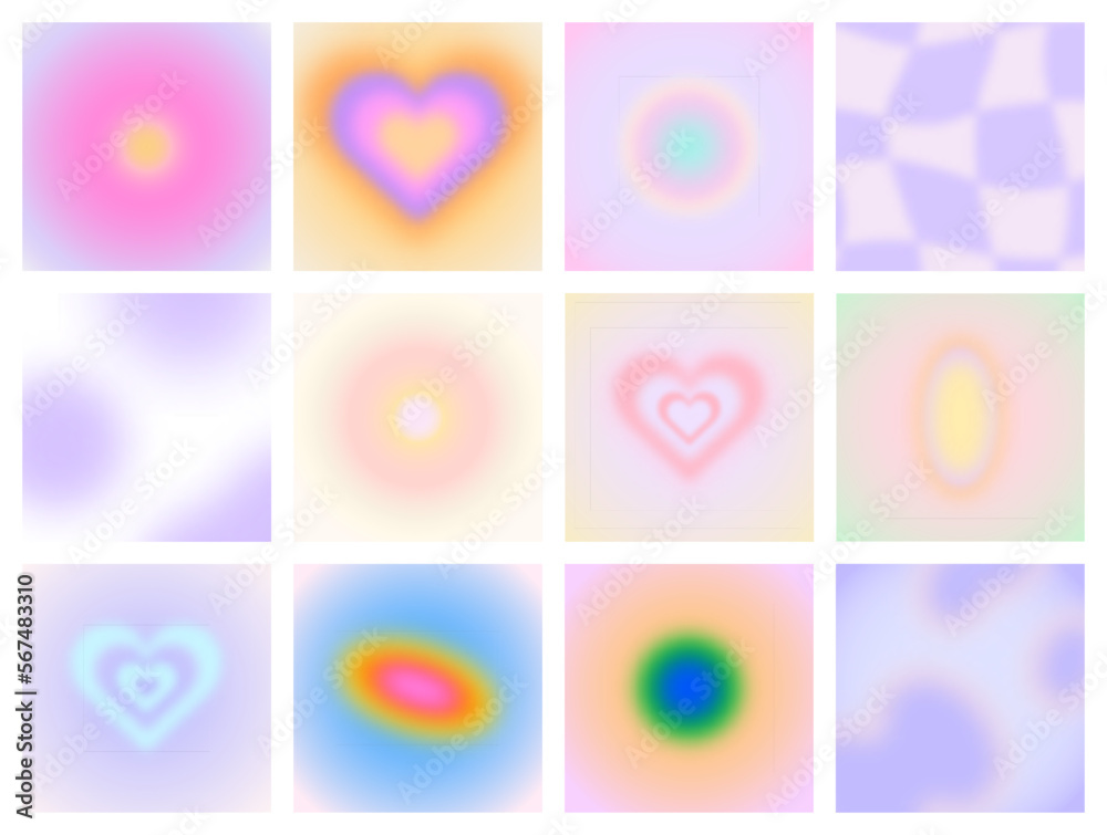 Set of empty blur gradient background. Trendy vintage aesthetic pastel color template collection for social media post. Soft blurred love heart, abstract texture poster.