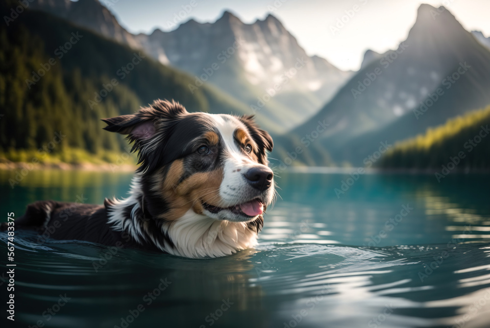 An Australian Shepherd swimming in a clear, blue lake, surrounded by lush greenery and majestic peaks. Generative AI