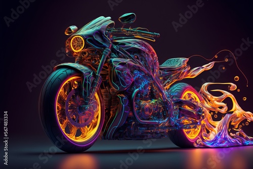 Abstract Neon Motorbike with trail of Fire. This Sport Motorcycle build for speed with high tech concept design. Ai generative illustration
