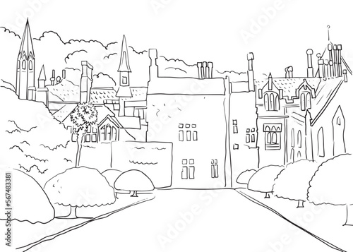 
City courtyard castle palace coloring book architecture building structures walls with windows and roofs, garden with trees in perspective road hand drawn