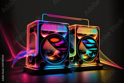 Retro Speaker Stereo Soundsystem in bright Neon Colours - For Party DJ Loud Sound Bar Club Nightlife Disco Graphic Design Concept - Ai generative Illustration