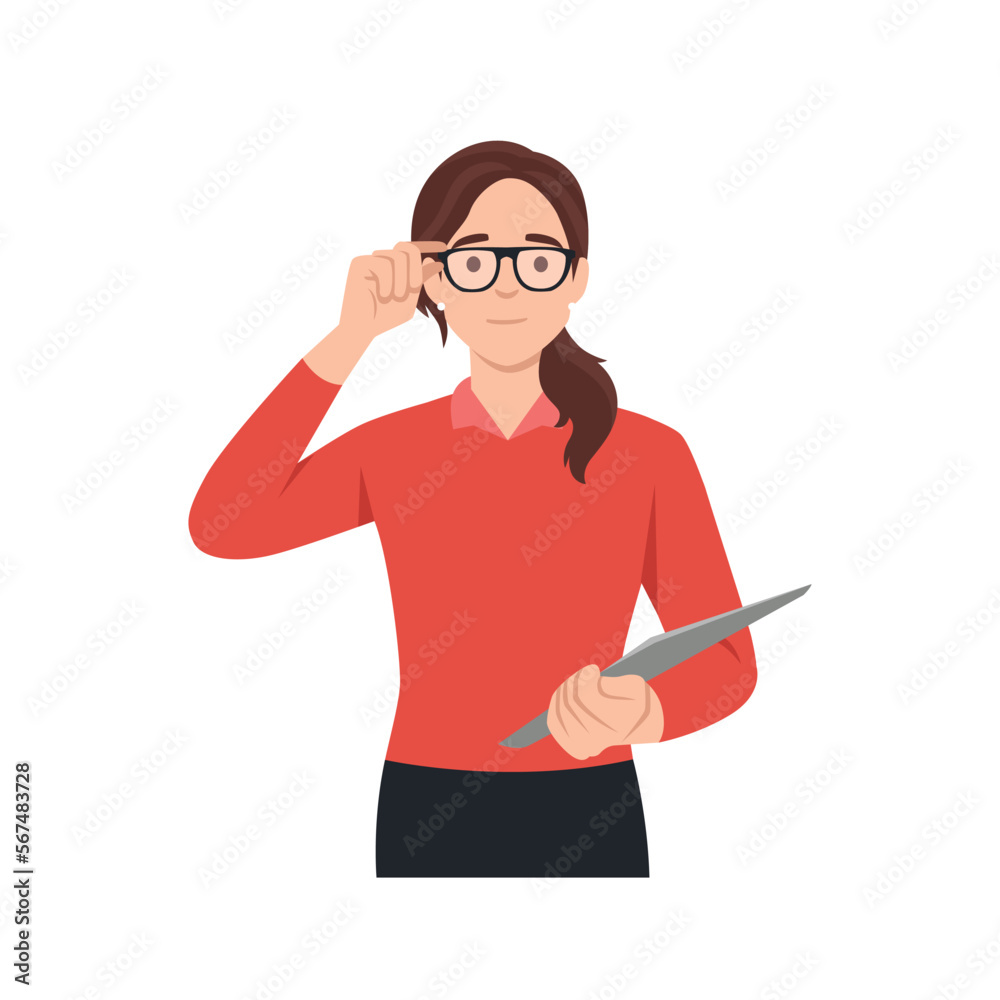 Young woman touching her glasses and looking ahead. Flat vector illustration isolated on white background Young woman touching her glasses and looking ahead. Flat vector illustration isolated on white background