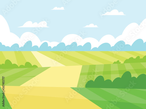 Rural road. Green landscape with green fields. Lovely rural nature. Unlimited space. Vector illustration
