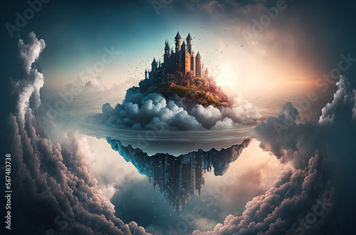 A dreamy landscape with a castle floating in the clouds and its reflection