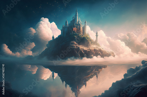 A castle floating in the clouds amidst a dreamy landscape
