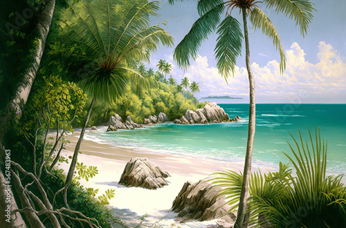 Beautiful illustration of a tropical beach with palm trees