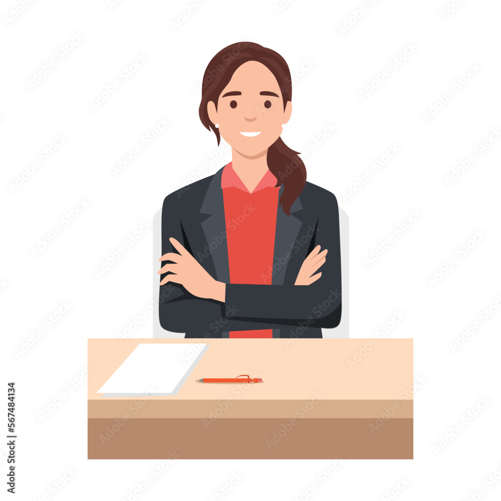 Young business woman at the desk with her arm crossed and paper pen on the desk. Flat vector illustration isolated on white background Young business woman at the desk with her arm crossed and paper pen on the desk. Flat vector illustration isolated on white background