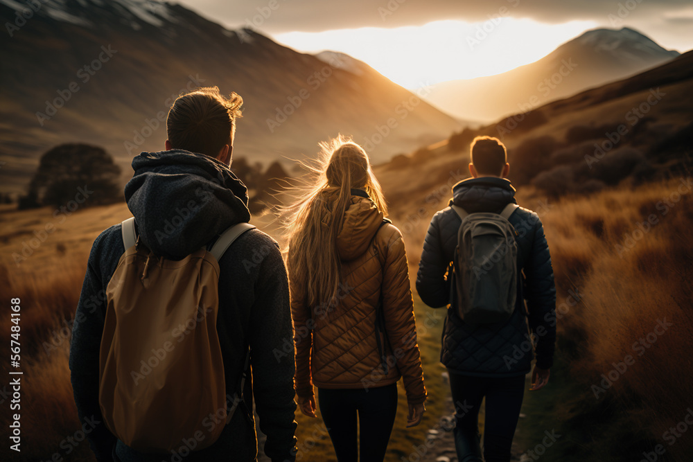 Group tourists of hiker sporty people walks in mountains at sunset with backpacks. Concept adventure with copy space.