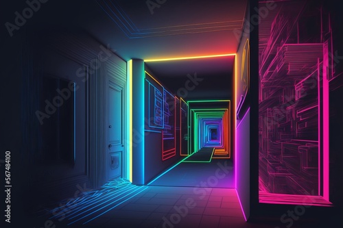 Long Neon Hallway Futuristic Corridor - Post produced Ai Generative Illustration