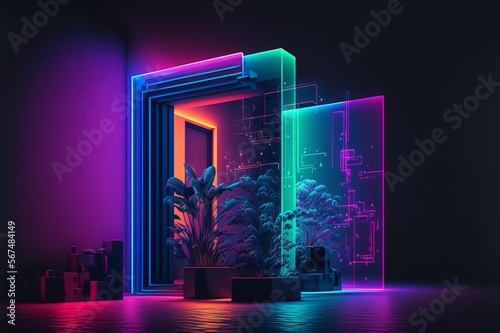 Futuristic Room in Bright Neon Colours with Plants. This Abstract 3d Surreal Graphic Design Concept with Purple Glowing Disco Party Club Effect - Post produced generative ai illustration