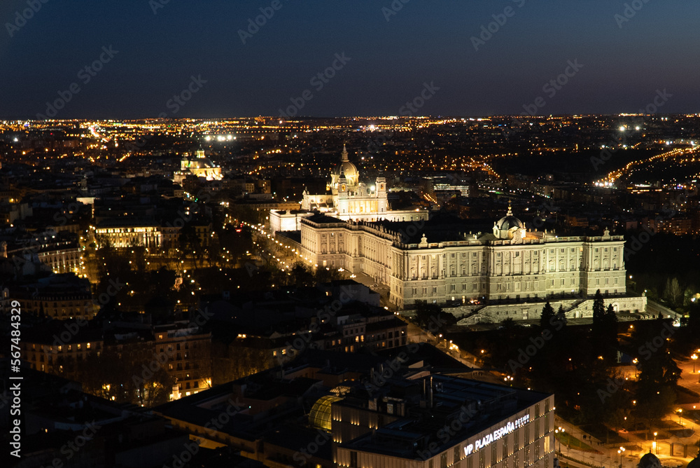 Madrid, Spain. April 6, 2022: Panoramic landscape of the royal palace with blue sky and city view.