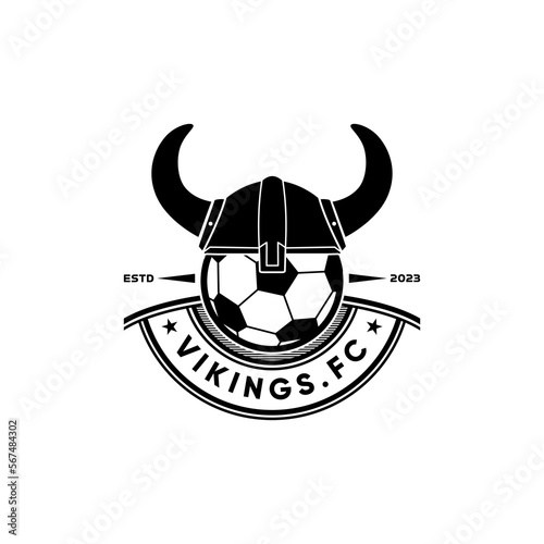 Horned Viking helmet And Soccer Ball For Soccer Team Logo Vintage Design
