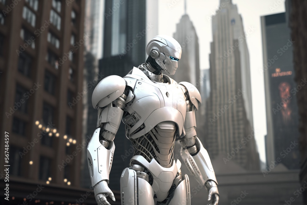 Futuristic 3D humanoid robot ,new you york city on background, Created with Generative AI technology. Futuristic 3D humanoid robot ,new you york city on background, Created with Generative AI technology.