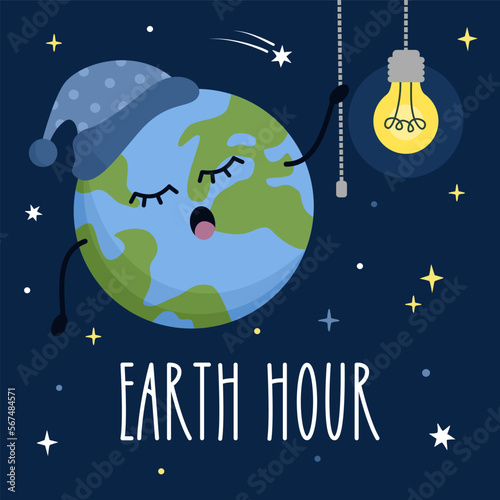 Earth hour day. Cute cartoon globe earth turns off the light bulb in space. Flat illustration.