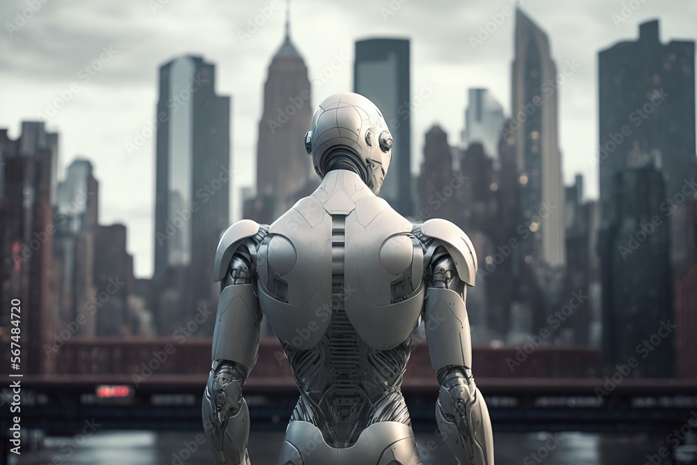 Futuristic 3D robot ,new you york city on background, Created with Generative AI technology. Futuristic 3D robot ,new you york city on background, Created with Generative AI technology.