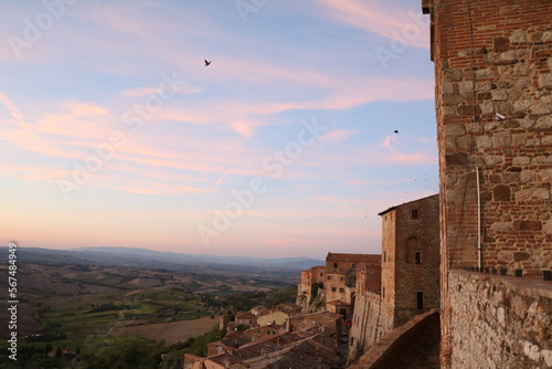 View from Montepulciano at sunset to the valley in summer, Tuscany Italy