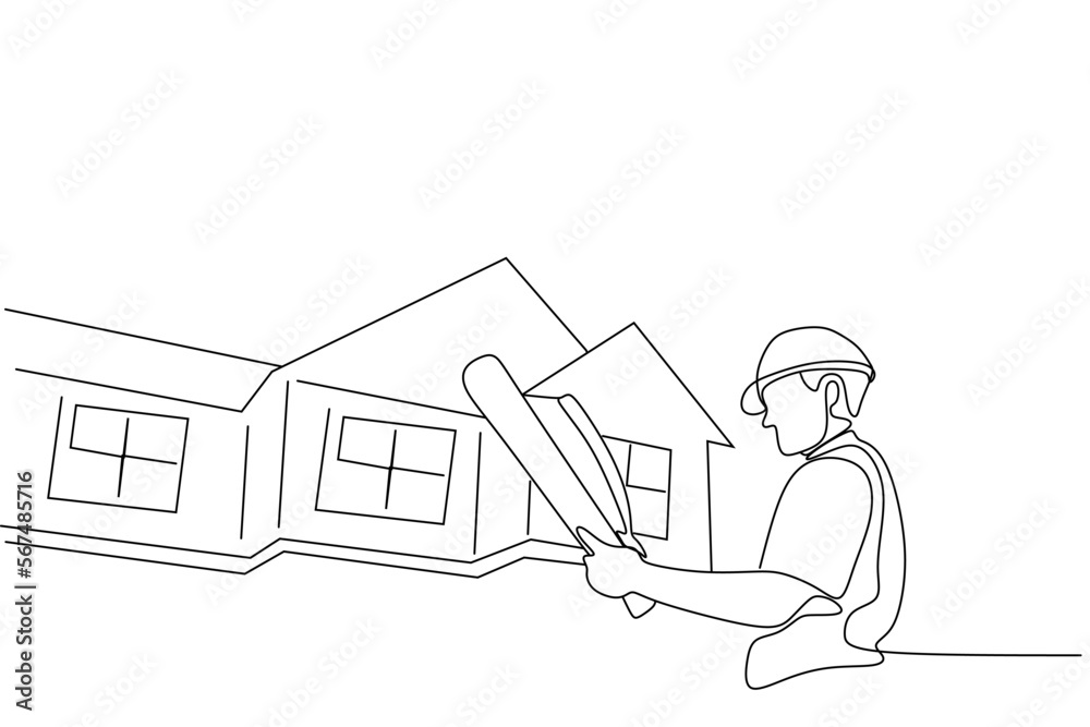 Single continuous line drawing of young construction worker. Building