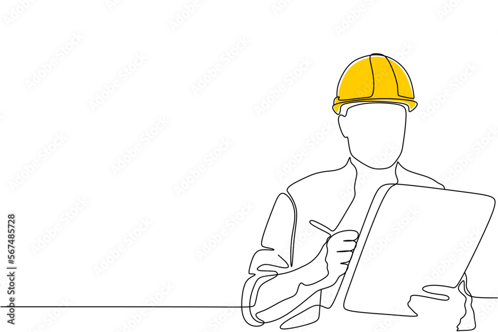Single continuous line drawing of young construction worker. Building architecture business concept. One line draw design vector