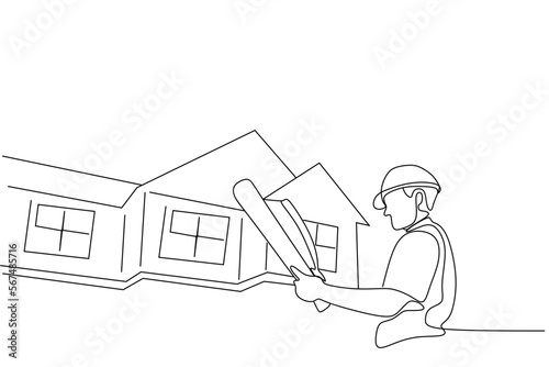 Single continuous line drawing of young construction worker. Building architecture business concept. One line draw design vector