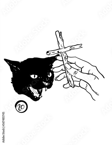 black cat meowing to a cross hand woman line illustration vector