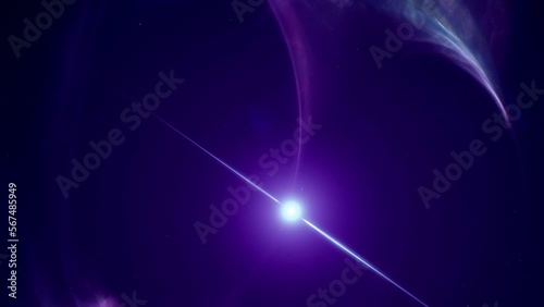 Concept of spinning pulsar in space nebula emitting high energy gamma ray bursts. 3D animation track-in shot depicting blinking radiation flares of a magnetar or neutron star core in interstellar gas. photo