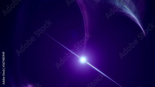 Concept of spinning pulsar in space nebula emitting high energy gamma ray bursts. 3D animation track-in shot depicting blinking radiation flares of a magnetar or neutron star core in interstellar gas.