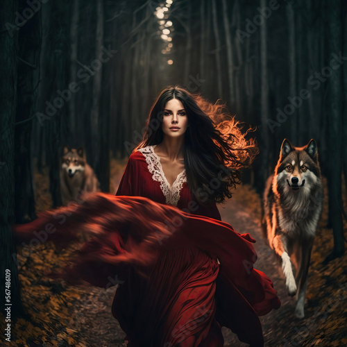Generative ai beautiful woman in red dress running in the woods 