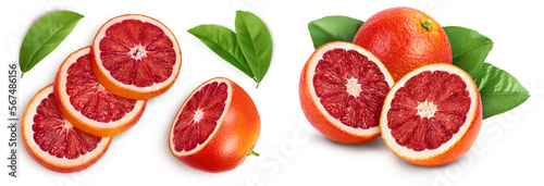 Blood red oranges with slices isolated on white background . Top view. Flat lay