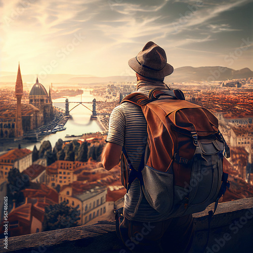 A solo backpacker with a camera, admiring the view of a picturesque European city from a scenic overlook, with iconic architecture and bustling streets in the background.