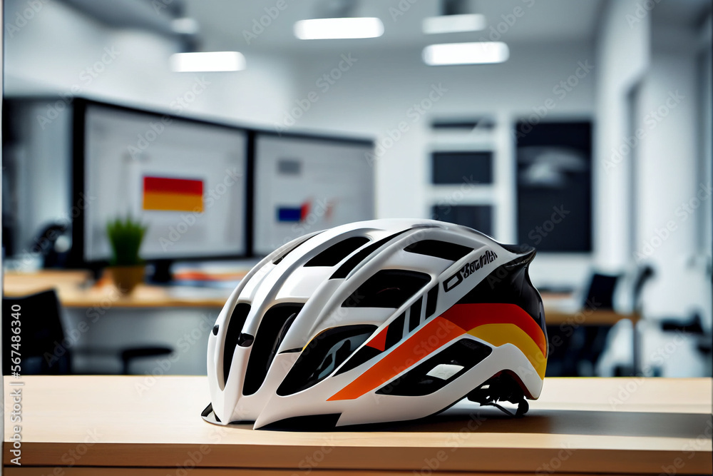 Bicycle helmet on table in office. Bicycle helmet on table in office.