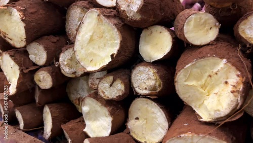 pile of maniocs in a supermarket