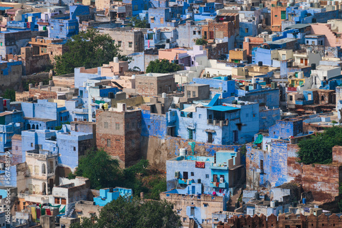 Aerial view of blue city,Jodhpur,Rajasthan,India. Resident Brahmins worship Lord Shiva and painted their houses in blue as blue is his favourite colour. Hence the city is named blue city.Tourist spot. © mitrarudra