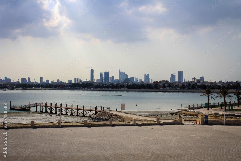 Manama skyline view from Muharraq island, Bahrain
