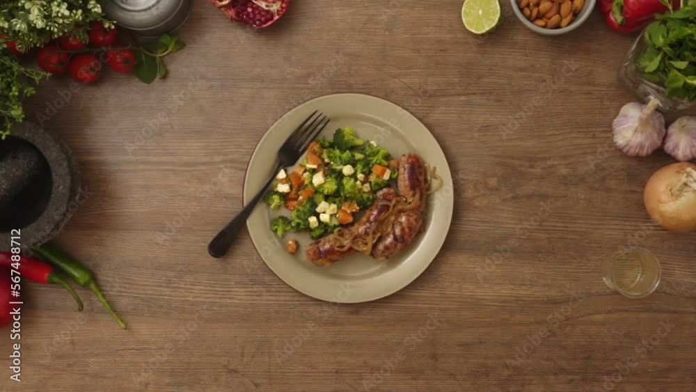 Crop person putting fork on plate with salad and sausages