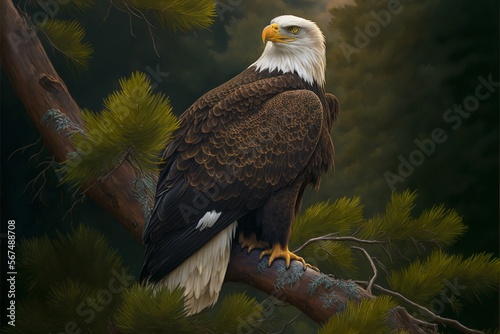  a bald eagle perched on a branch of a pine tree in a pine forest with a full moon in the distance behind it and a dark background.  generative ai