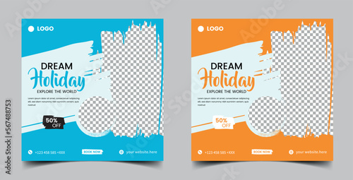 travel sale social media post template. travelling agency business offer promotion. Holiday and tour advertisement banner design