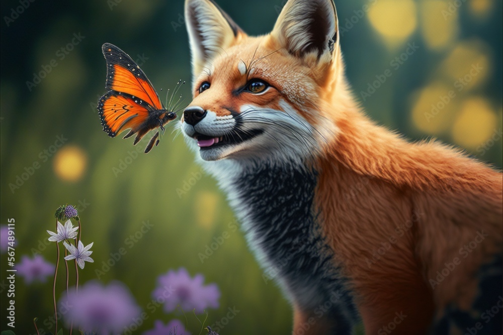 a painting of a fox with a butterfly on it's nose and a butterfly on ...