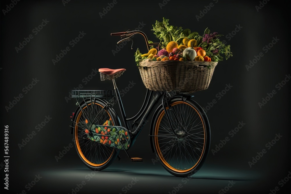  a bicycle with a basket full of fruits and vegetables on the back of the bike, against a dark background, with a black backdrop.  generative ai