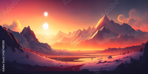 mountain landscape with sunset in the background