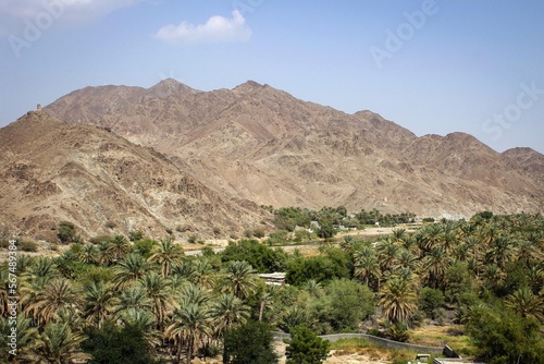 Road view when heading to Jebel Akhdar, Hajar mountains with villages and mosques, Oman