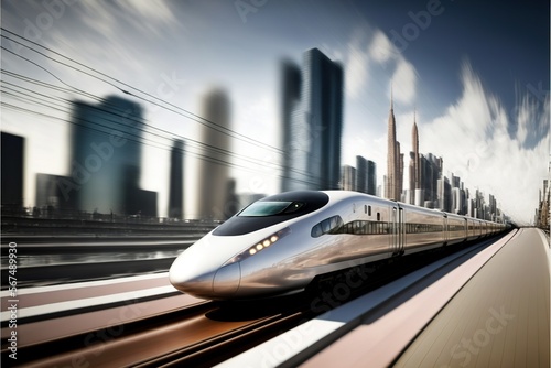 a high speed bullet train speeding through a city with skyscrapers in the background and a blurry image of a train on the tracks.  generative ai photo