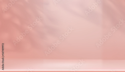 Beige Background with leaves shadow overlay on wall.Empty Studio wall room with copy space,3D vector Minimal design of Product background,Peach backdrop for Beauty,Cosmetic,Spa Product Presentation