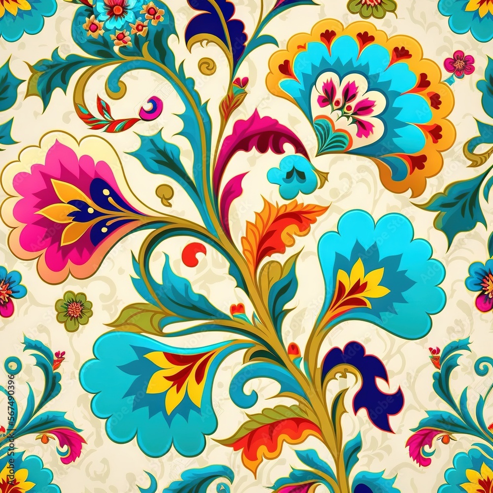  a colorful floral pattern on a white background with blue, red, and yellow flowers and leaves on the left side of the image, and the center of the floral design on the right.  generative ai
