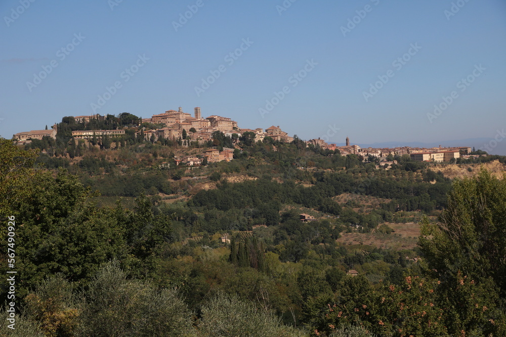 View to Montepulciano and Val d'Orcia in Tuscany, Italy