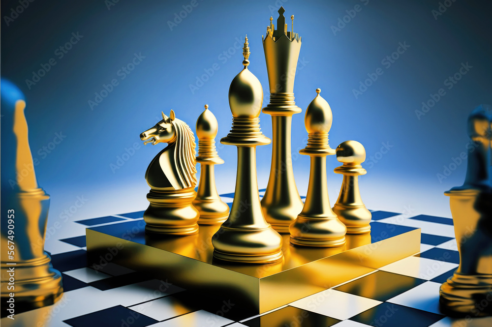 Gold Chess pieces on chess board with blue background. Business ...
