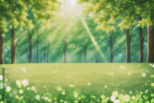 Natural green defocused spring summer blurred background with sunshine - anime style