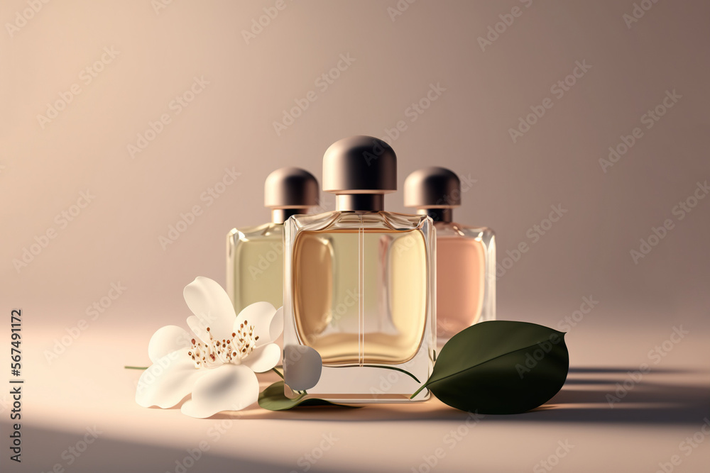 Collection of transparent multi color glass floral perfume bottles on a light simple background. Art composition still life. Stylish parfumerie banner. Generative AI. - obrazy, fototapety, plakaty 