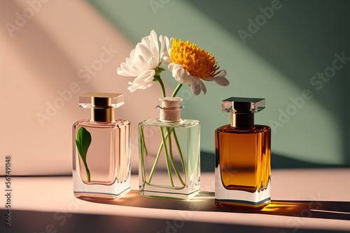 Collection of transparent multi color glass floral perfume bottles on a light simple background. Art composition still life. Stylish parfumerie banner. Generative AI.