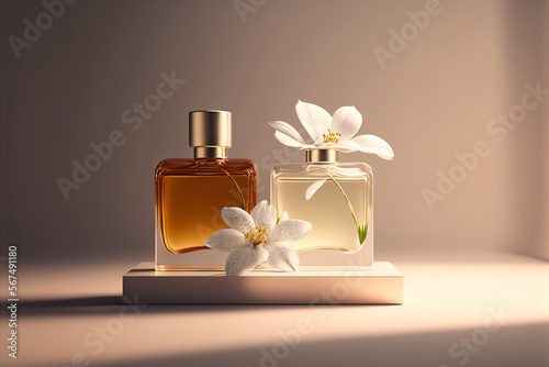 Collection of transparent multi color glass floral perfume bottles on a light simple background. Art composition still life. Stylish parfumerie banner. Generative AI. photo