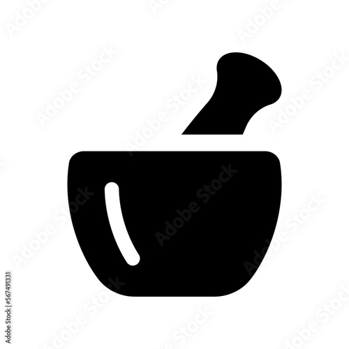 Hand mortar with pestle icon. Mixing vintage device for grinding herbs and drugs with natural design and for crushing mineral organics with vector spices